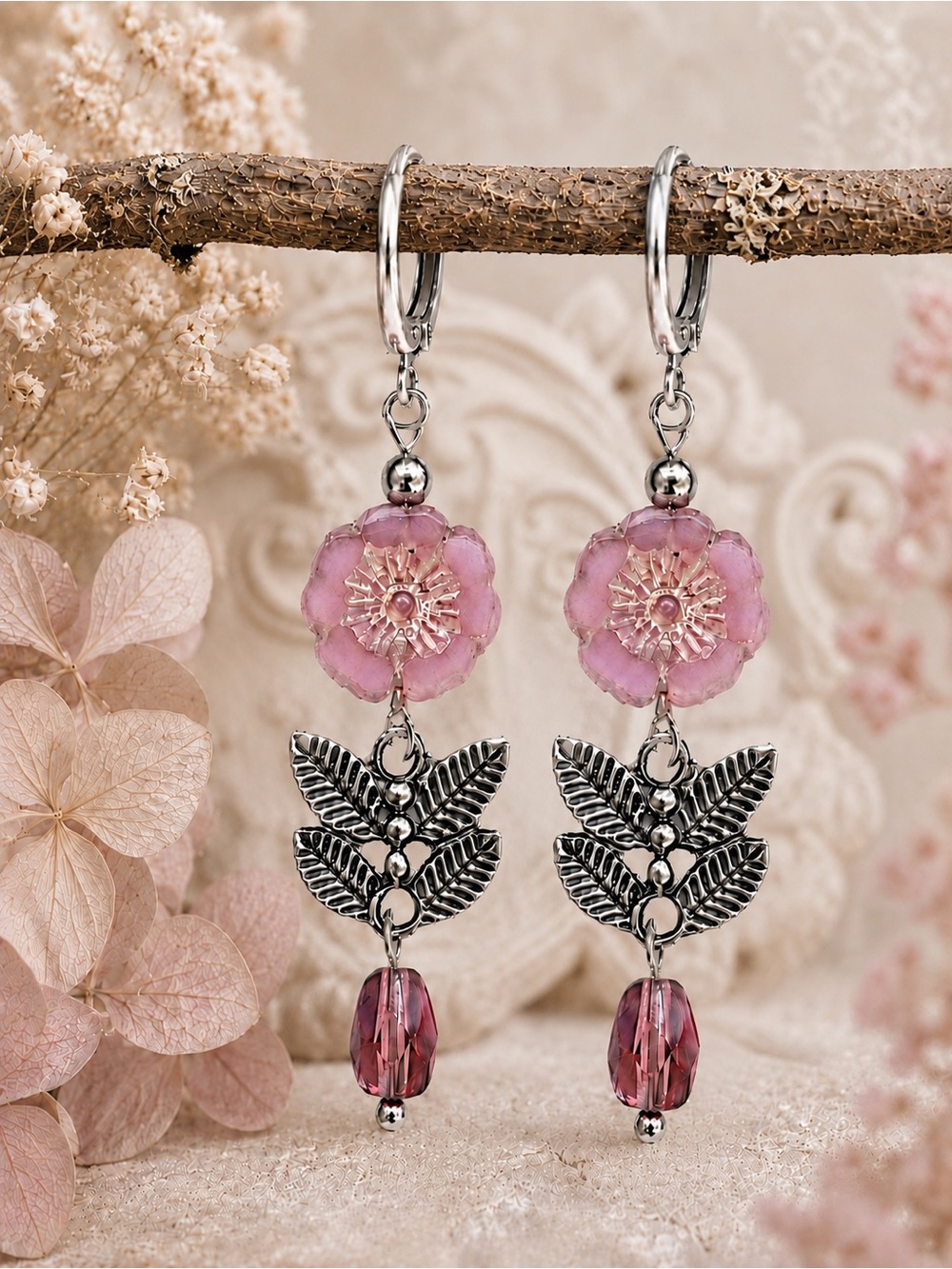Pink Czech Glass Flower Earrings, Silver Leaf Dangle Leverbacks MTO